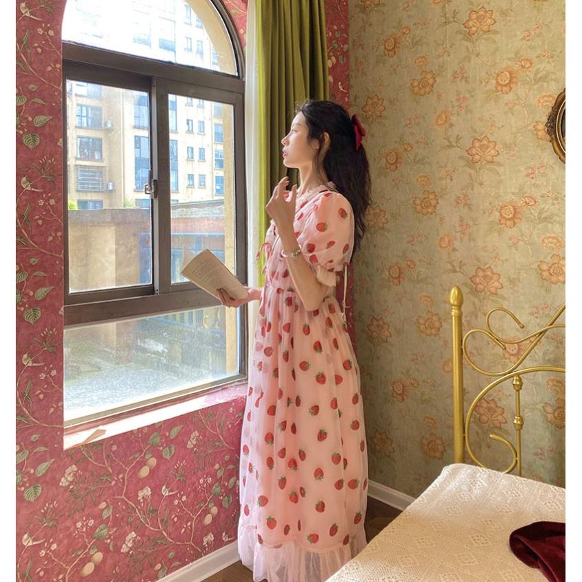 ঔৣ Váy đầm maxi dáng dài xòe họa tiết dâu strawberry bánh bèo vintage teen du lịch đi biển dễ thương xinh xắn ঔৣ