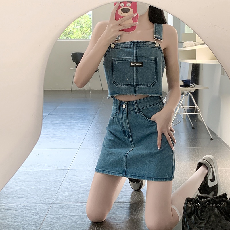 Set Áo Hai Dây + Chân váy jean Chữ A Lưng Cao Thời Trang Nữ