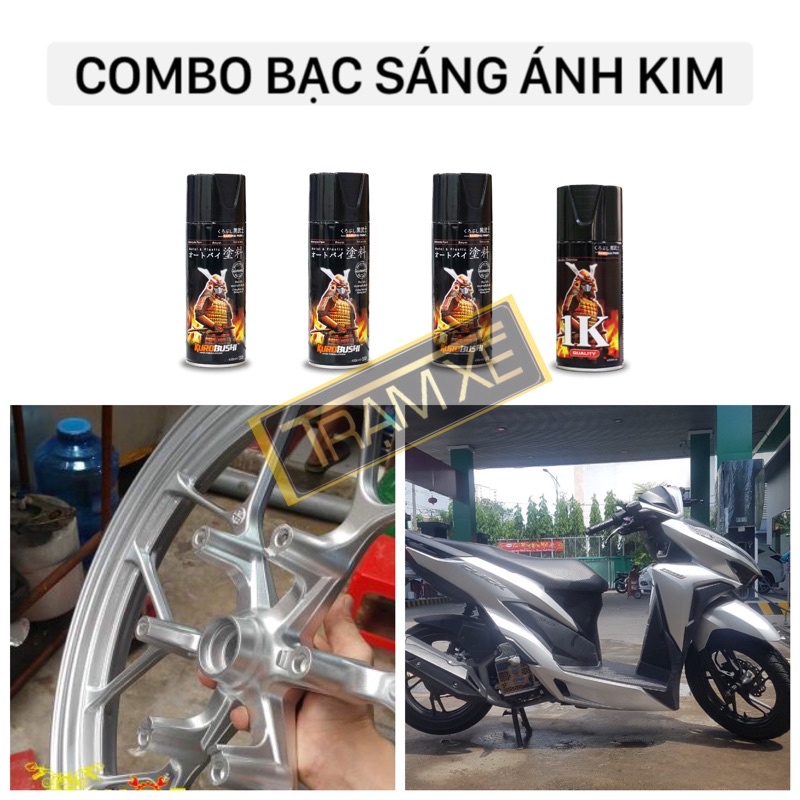 COMBO Sơn xịt Samurai màu bạc ánh kim 1701 gồm 4 chai đủ quy trình nhủ bạc lấp lánh bền đẹp, sơn mâm, dàn chân, dàn áo