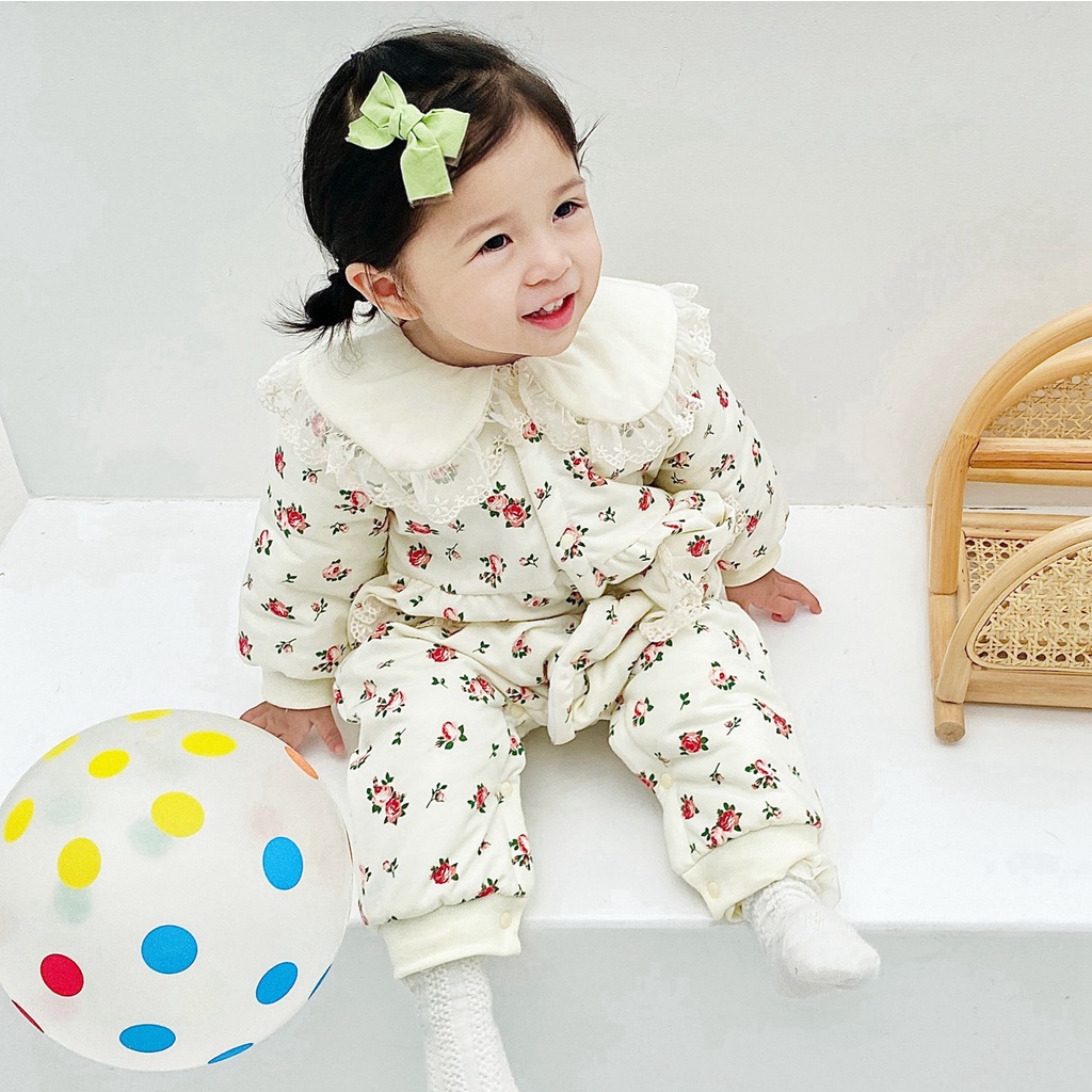 Áo liền quần SANLUTOZ tay dài in họa tiết hoa cho bé gái