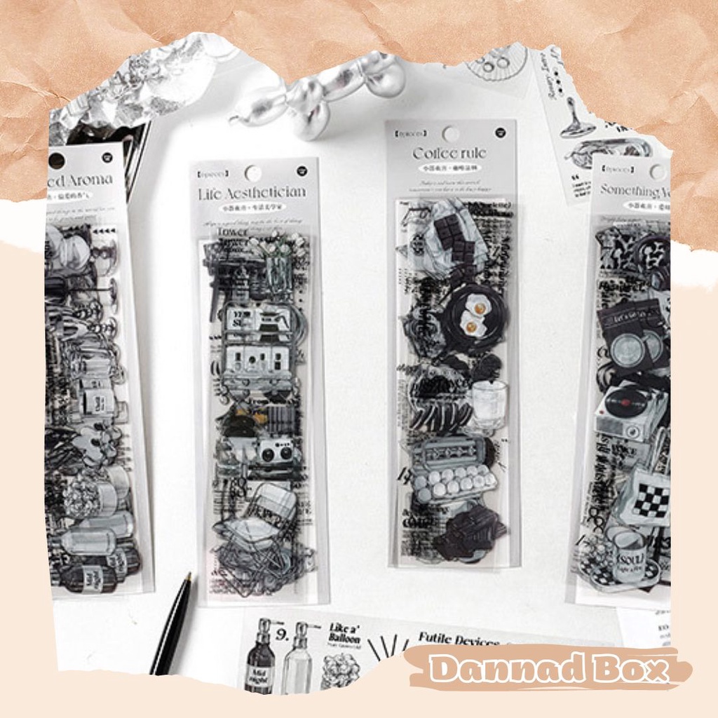 Set 6 Tấm Miếng Dán Sticker Đồ Vật Hai Màu Trắng Đen Trang Trí Junk Journal