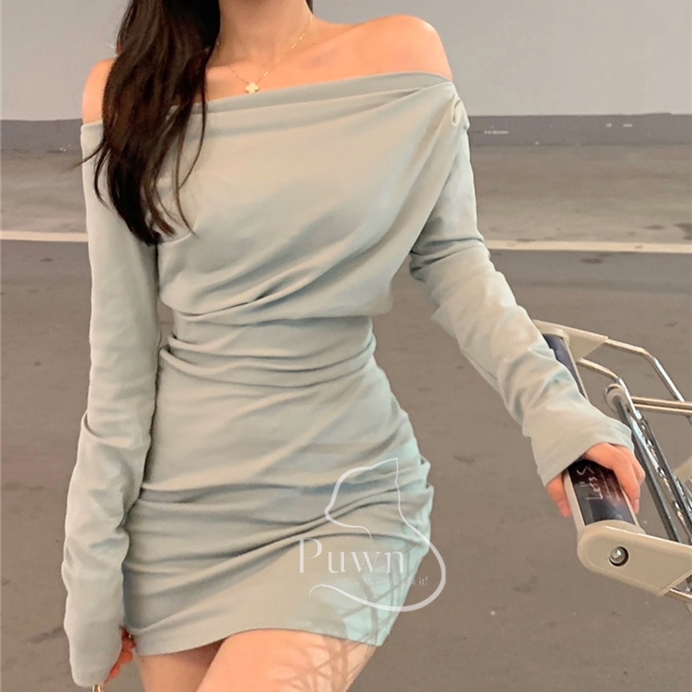 Váy body trễ vai xanh thanh lịch Puwn Shop