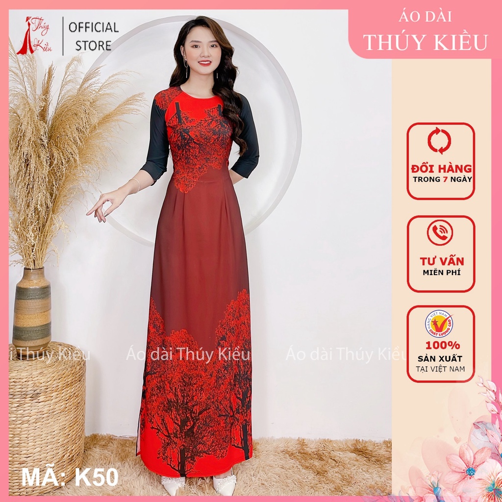 Áo dài nữ may sẵn thiết kế trung niên đẹp cách tân tết đỏ K50 Thúy Kiều mềm mại, co giãn, áo dài giá rẻ