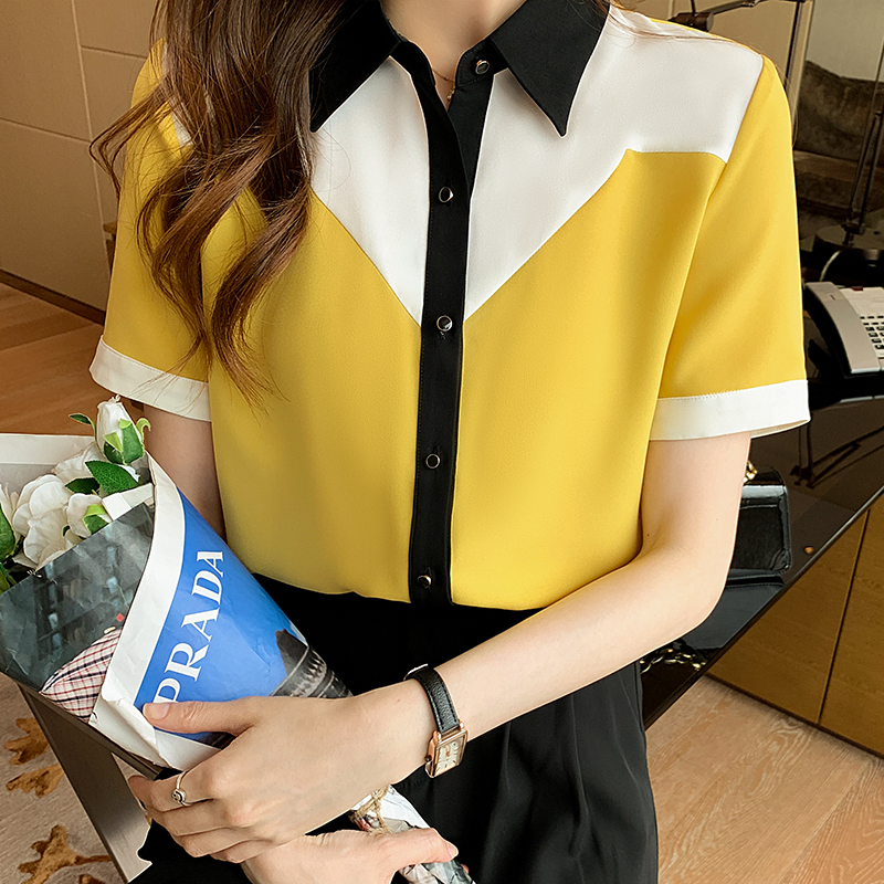Áo Chiffon Nữ Tay Ngắn Phối Màu Vàng Thời Trang 2021