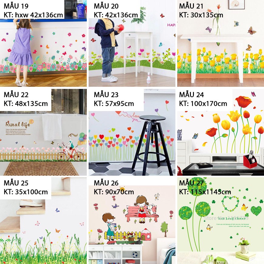 Decal giấy dán tường decal dán chân tường hoa nhiều màu sắc