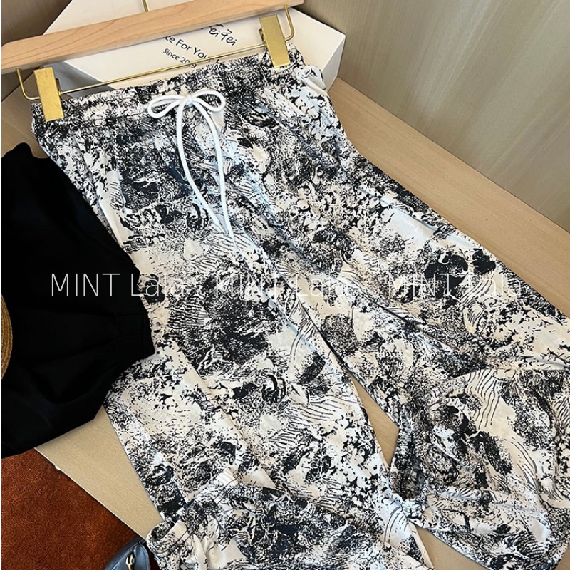 Quần Mặc Nhà Nữ Dài Vải Thun Lạnh Ống Rộng Bo Gấu