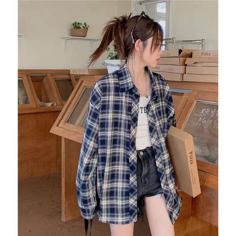 Áo Sơ Mi Nữ Dài Tay Sọc Caro Form Rộng Thời Trang Mới