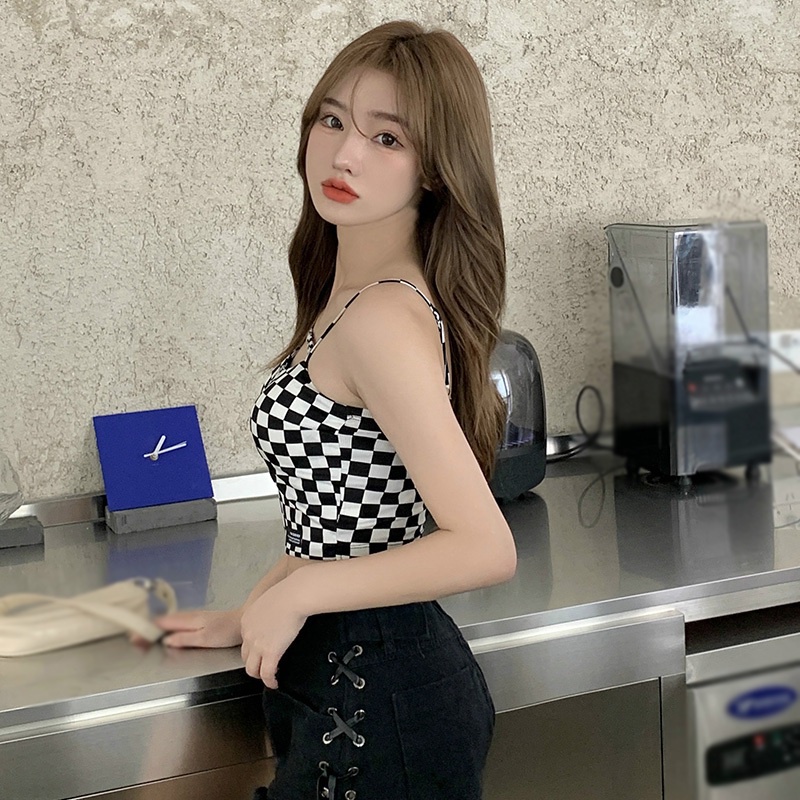 Áo Croptop Hai Dây Dáng Ôm Kẻ Sọc Caro Phối Khóa Kéo Kiểu Hàn Quốc Thời Trang Mùa Hè Cho Nữ
