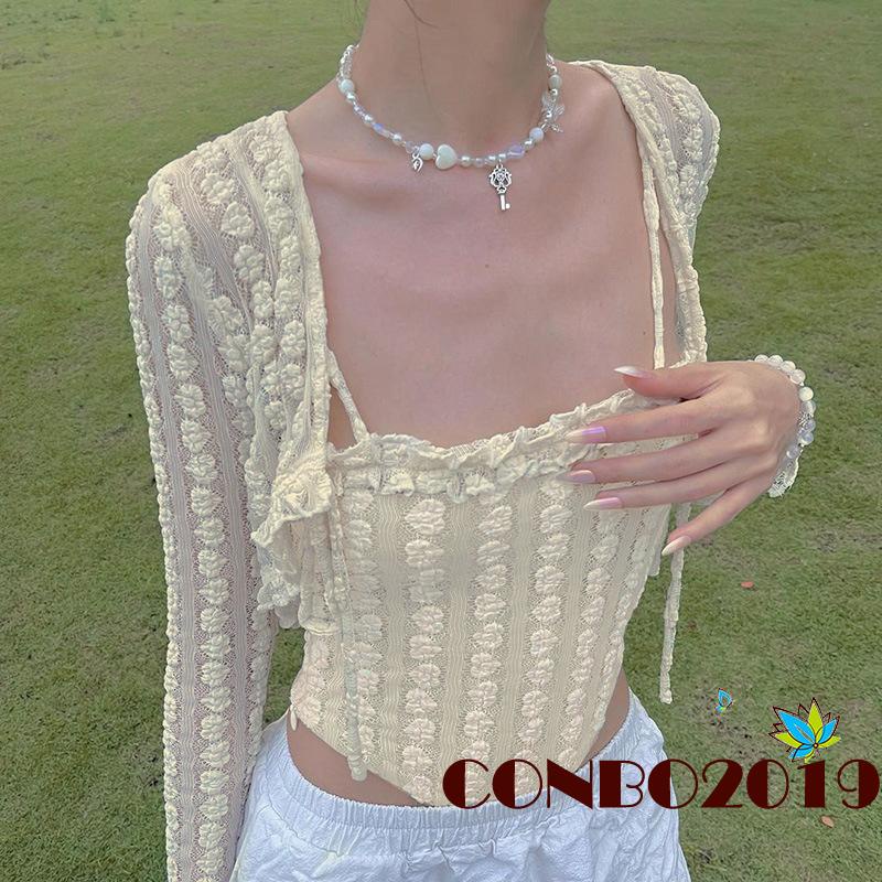 HGM-Women´s Spring Summer Outfit Sets Long Sleeve Knotted Crop Tops + Solid Square Neck Camisole