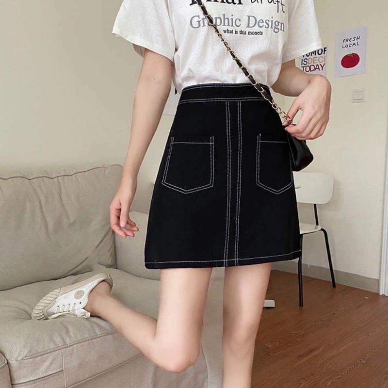 Chân váy ngắn chữ a trần chỉ nổi giả túi thời trang Kanimi | BigBuy360 - bigbuy360.vn