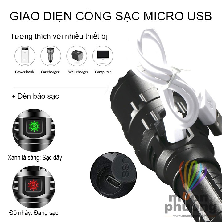 [FRSHIP 20K] Đèn pin siêu sáng mini kèm pin sạc USB chống nước LED L2 dã ngoại - MUÔN PHƯƠNG SHOP