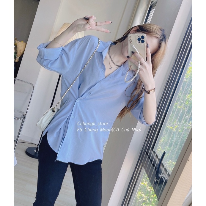 Sơ mi xanh cúc chéo phối quần jean ống đứng(ảnh thật shop chụp) | BigBuy360 - bigbuy360.vn