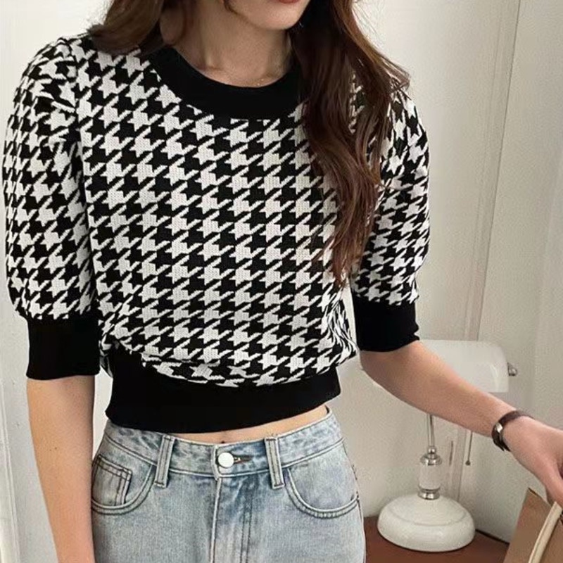 Áo RENJIANVSHENG 175248 tay ngắn họa tiết houndstooth thời trang mùa hè cá tính