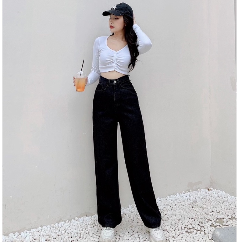 [ VUI ĐÙA ] QUẦN JEANS ỐNG RỘNG NỮ LƯNG CAO MÀU ĐEN LAI CUỐN VẢI DÀY DẶN CAO CẤP NITI SIÊU ĐẲNG CỰC CÁ TÍNH