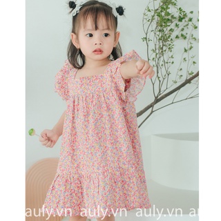 Váy cho bé gái Auly dáng baby doll họa tiết hoa nhí hồng chất liệu thô cotton mềm mát thấm hút mồ hôi