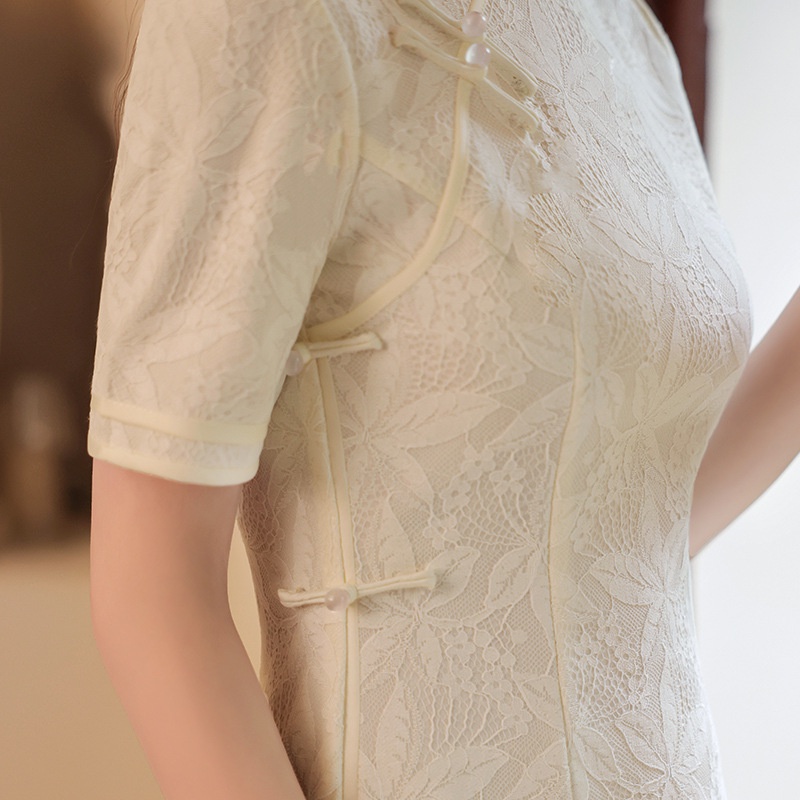 Đầm Sườn Xám Tay Ngắn Phối Ren Phong Cách Trung Hoa Quyến Rũ Size S-2XL