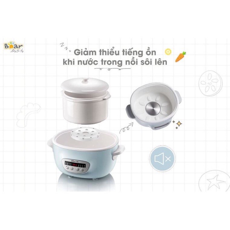 Nồi nấu cháo chậm 2,5l Bear - Kèm lồng hấp - 8 chế độ nấu cài tự động - Bảo hành 12 tháng