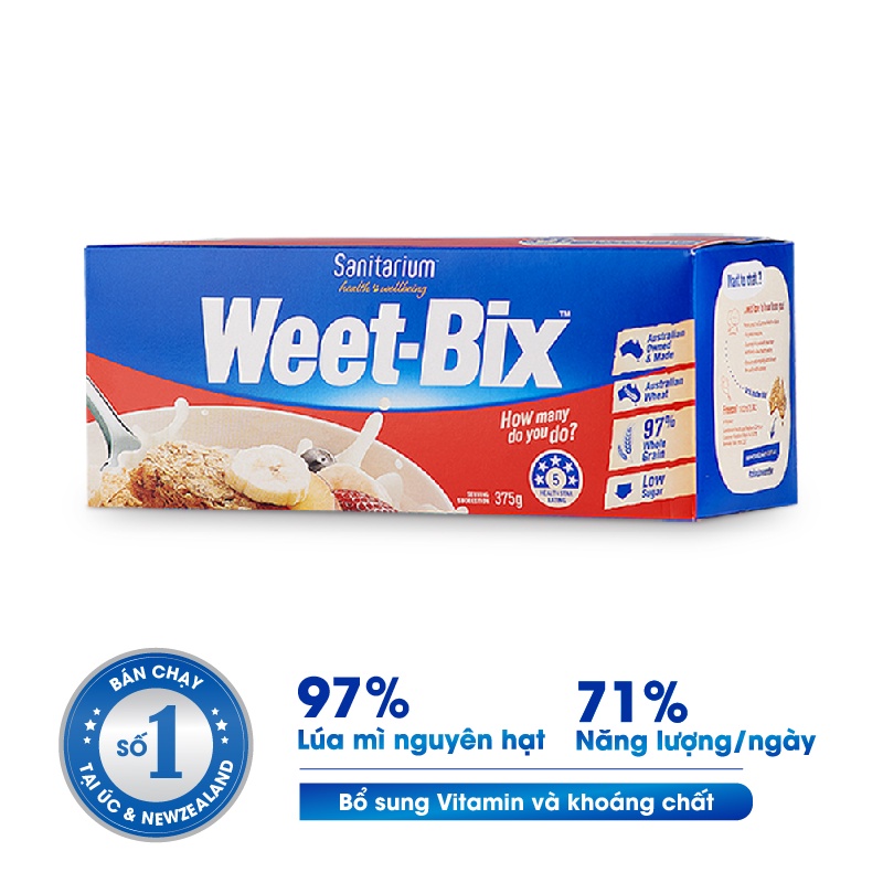 Hộp bánh ngũ cốc Weet-Bix Úc 375g, làm từ lúa mì nguyên chất Úc, giàu vitamin chất xơ