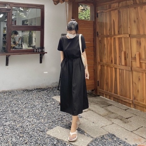 Đầm suông tay lỡ rút eo, đầm xuông dáng dài trẻ trung năng động.
