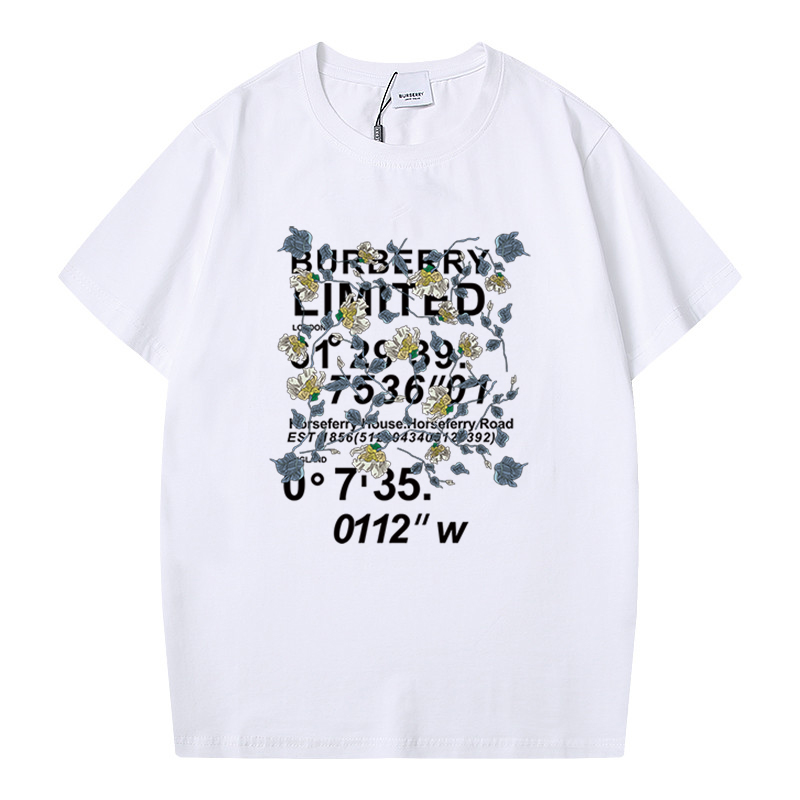 B&urberr new floral English printed LOGO round neck men and women couples cotton short sleeves