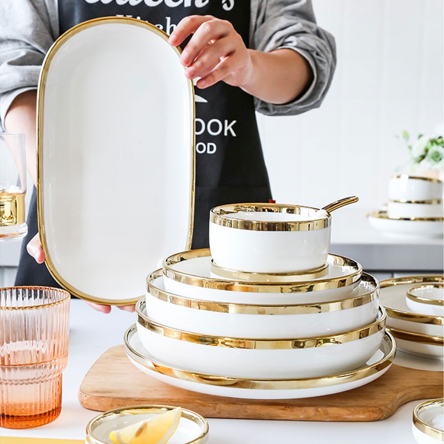 [LẺ] Set Bát Đĩa Đẹp - Đồ Dùng Phòng Ăn Sứ Trắng Viền Vàng Chất Lượng Cao - Lẻ Chi Tiết
