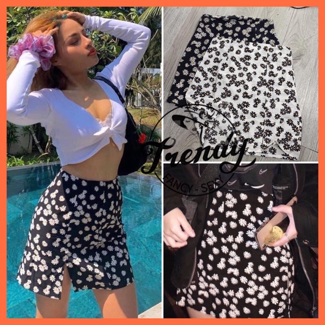 Chân váy ngắn hoạt tiết hoa cúc xẻ đùi hot trend ( ảnh thật)