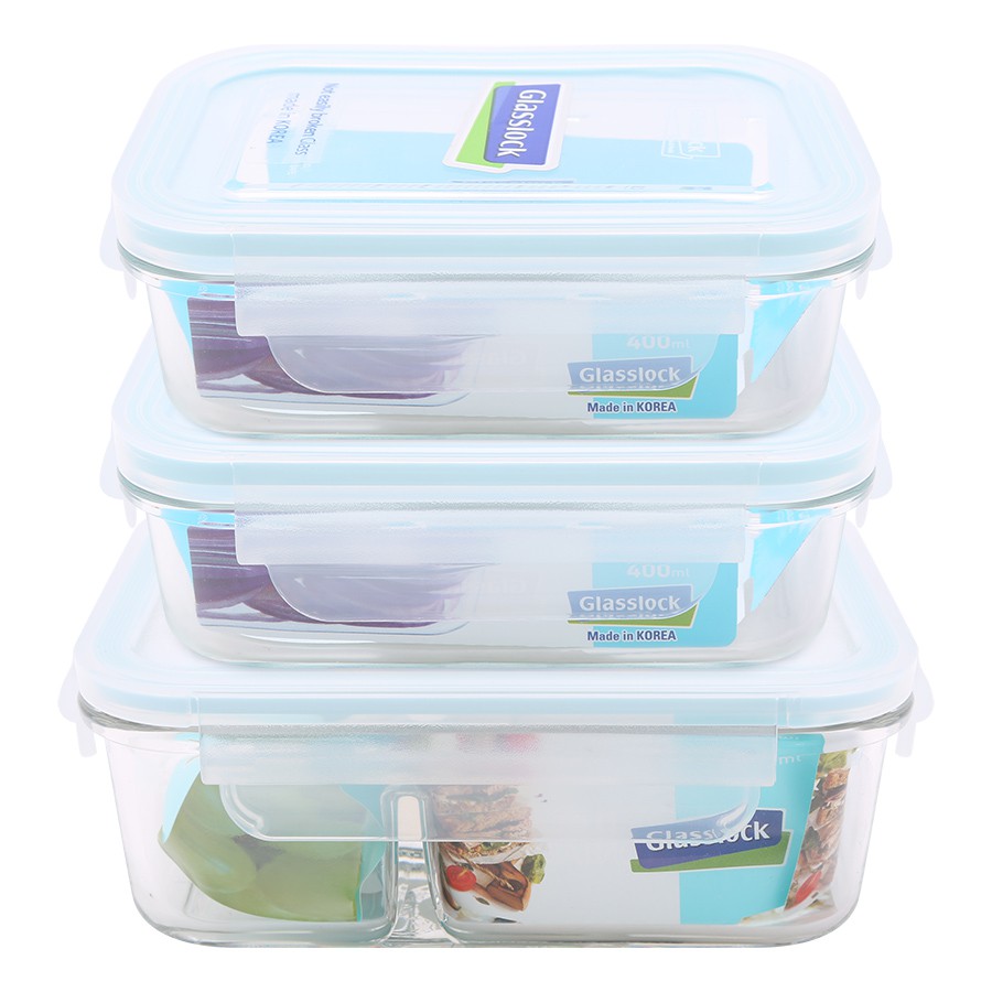 Bộ hộp cơm thủy tinh cường lực Glasslock 670ml chia ngăn + 2 hộp 400ml kèm túi giữ nhiệt kẻ da bò - Larva Store