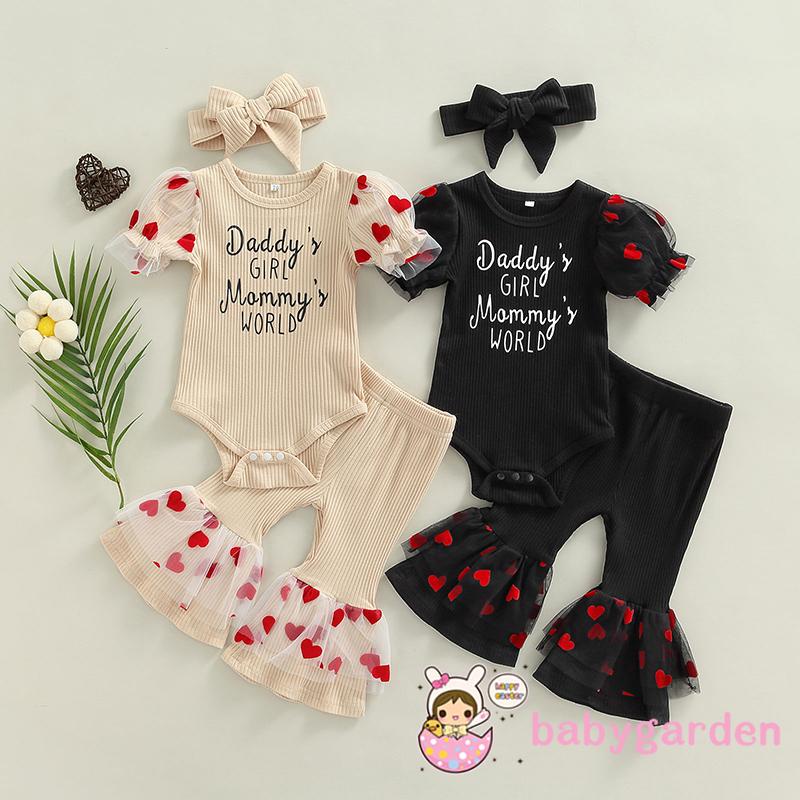 Bộ Áo Liền Quần Tay Ngắn In Chữ + Quần Ống Loe Lưới + Băng Đô Nơ Dành Cho Bé Gái 0-24 Tháng Tuổi