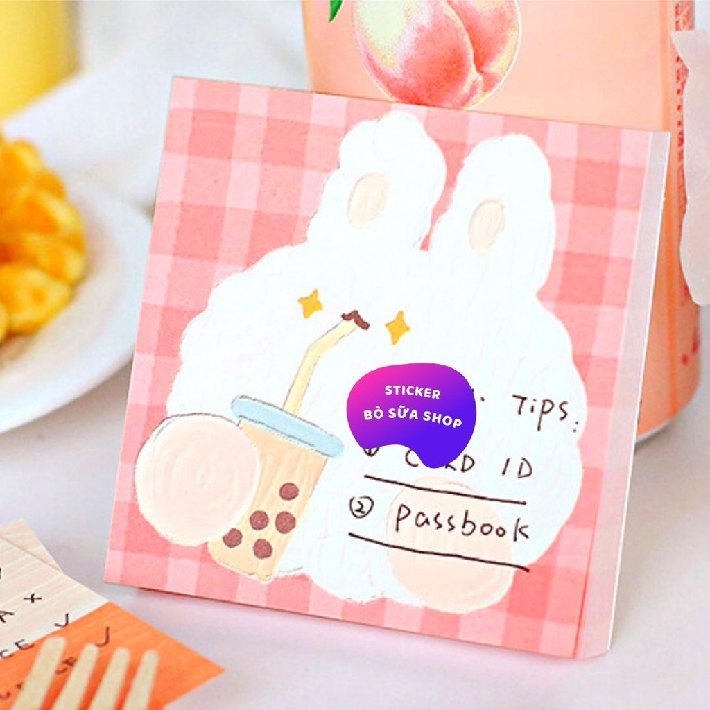 Set 100 Giấy ghi chú Gấu Thỏ Trà Sữa đáng yêu Stickerbosuashop