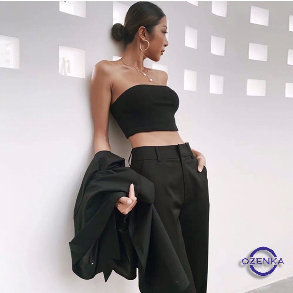 Áo ống quây ngực croptop len tăm 100% cotton 2 màu đen trắng free size dưới 53 kg AQ 099