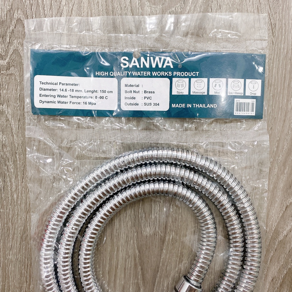 Dây Sen Tắm Sanwa, Inox 304, Nhập Khẩu Thái Lan, BH 1 Năm, Dài 1.5m, Lõi Đồng, Chống Xoắn