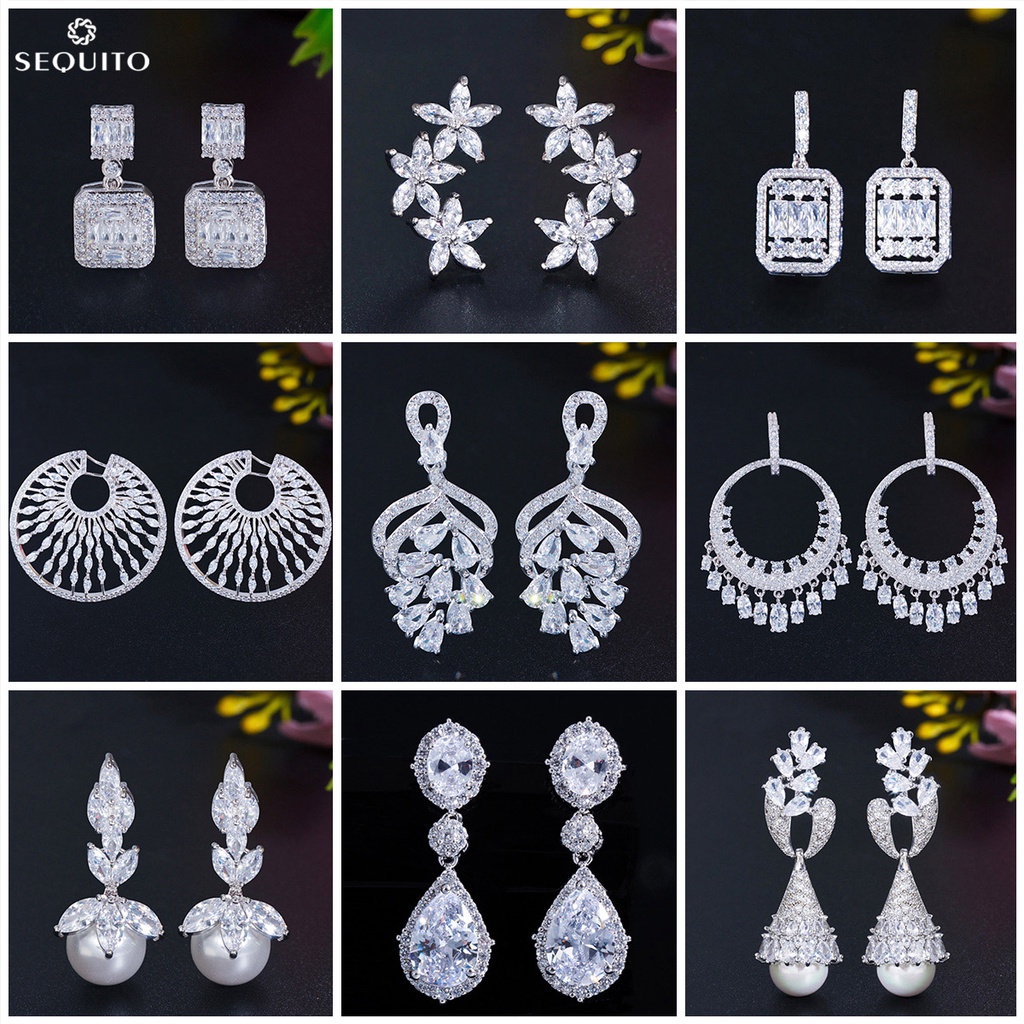 Sequito Bông Tai Mạ Vàng Trắng Đính Đá zircon Ngọc Trai Dáng Dài Màu Bạc Thời Trang Cho Nữ e610