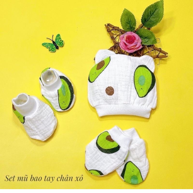 Set mũ bao tay chân xô aden hoạ tiết