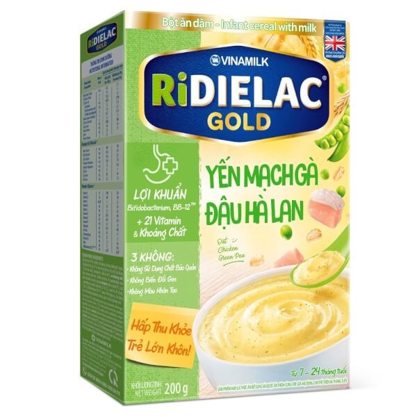 Bột ăn dặm Ridielac Gold Yến Mạch Gà Đậu Hà Lan HG 200g/hộp