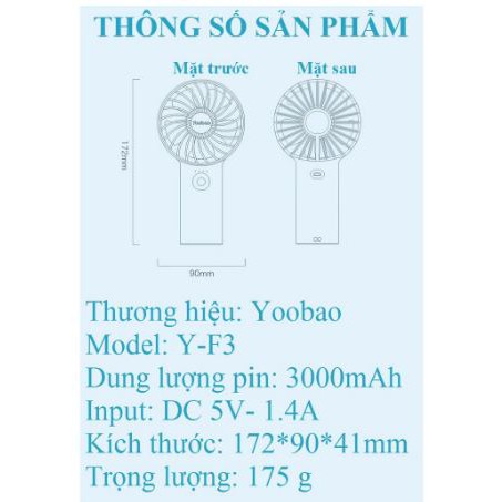 Quạt tích điện cầm tay Yoobao F3_Pin 3000mAh