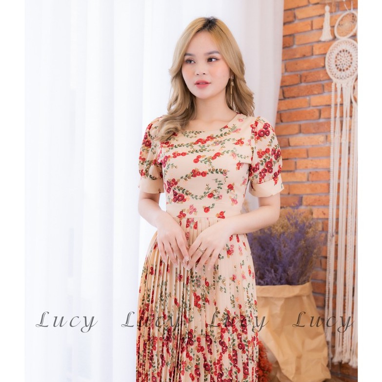 Đầm nữ dáng xoè lụa in hoa 3D Váy Lucy Hawai chân bông 2127