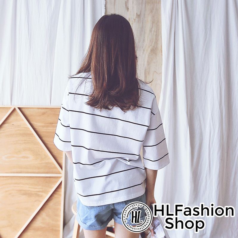 Áo thun tay lỡ trơn sọc trắng to bản form rộng, áo phông nữ HLFashion HLFYesCotton