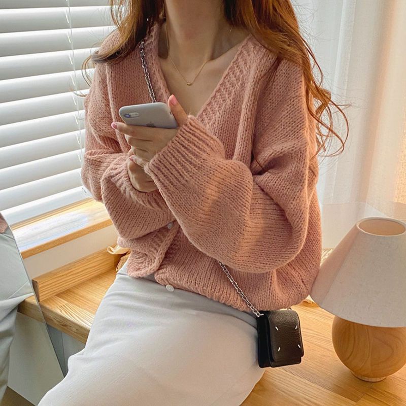 Áo Khoác Cardigan Dệt Kim Tay Dài Cổ Chữ v Màu Sắc Đơn Giản Cho Nữ