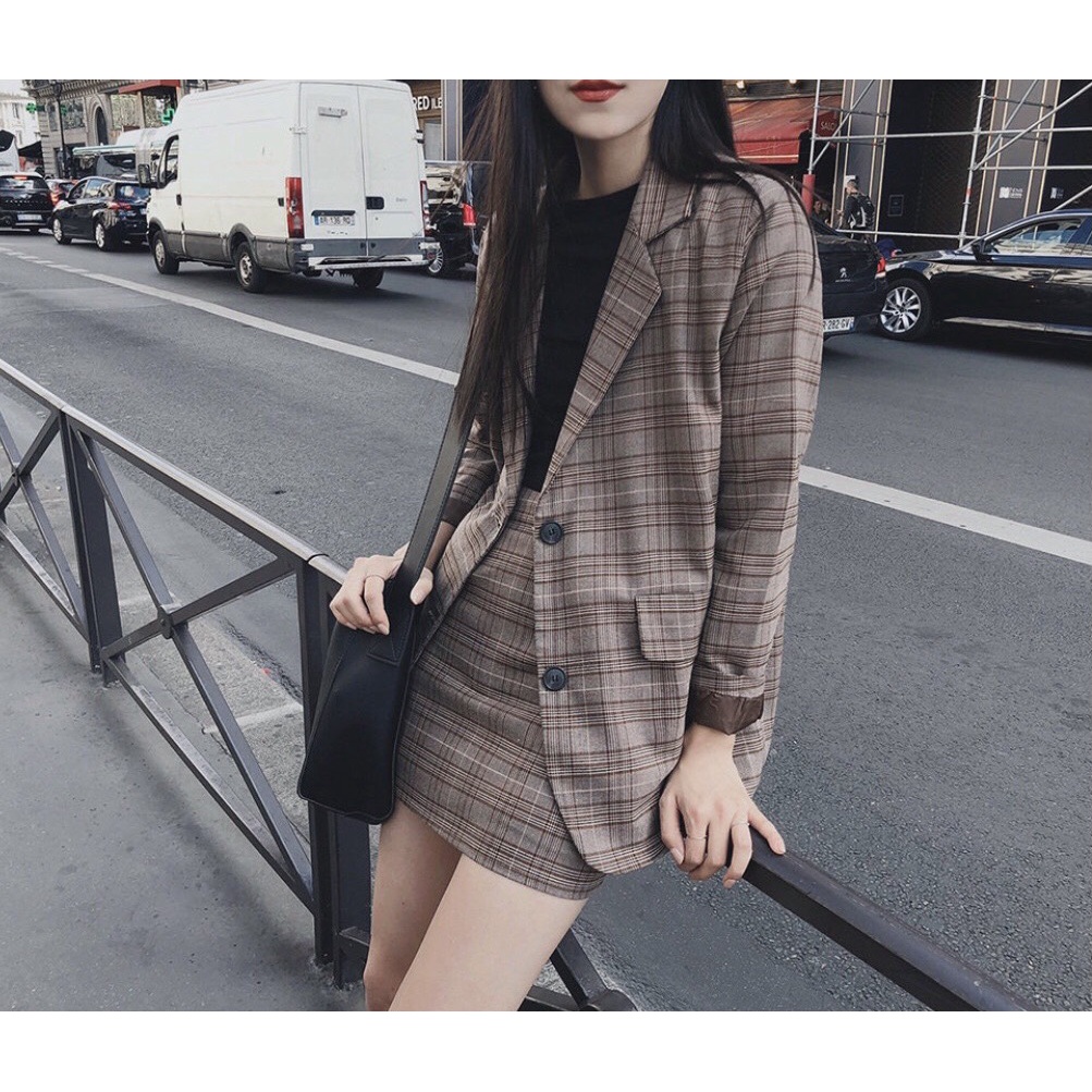[Ảnh thật] Áo blazer kẻ caro 2 lớp túi nắp phong cách Hàn Quốc - Áo vest caro dáng rộng ulzzang