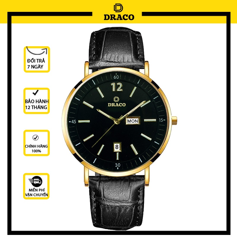 Đồng hồ nam Draco D21-St01 &quot;The First Boy&quot; VÀNG ĐEN DÂY DA ĐEN