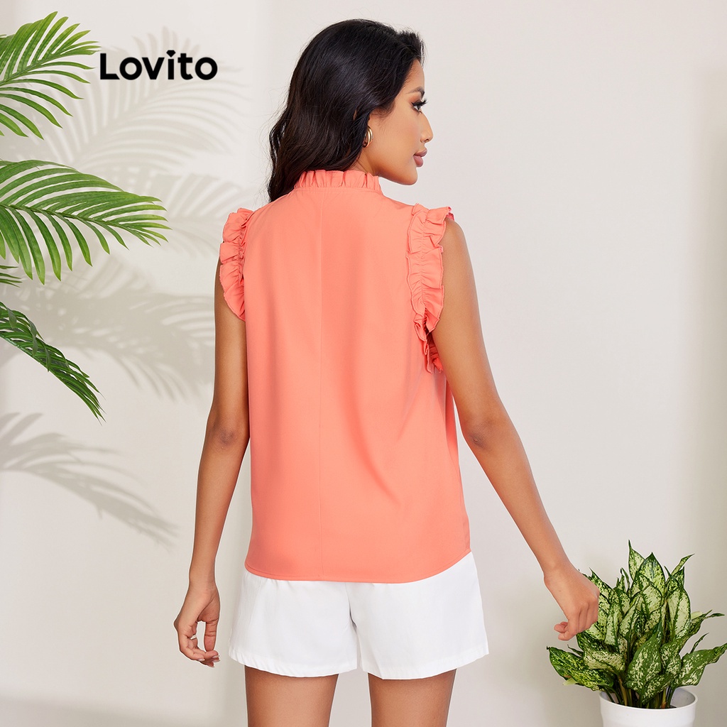 Áo kiểu Lovito màu trơn thiết kế cổ áo buộc diềm xếp nếp và lai bèo xếp nếp phong cách thanh lịch L27LD078 (hồng dưa hấu)