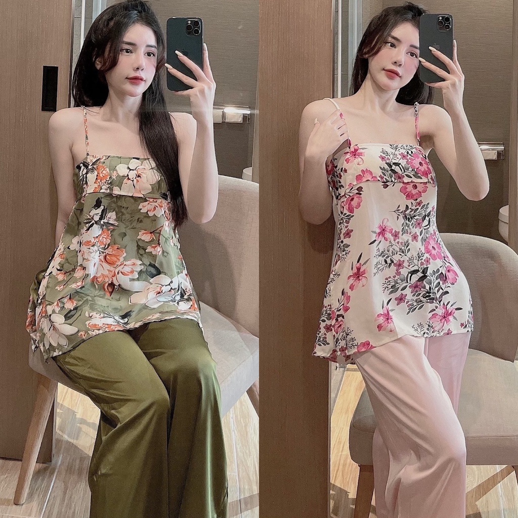 Đồ bộ nữ, đồ ngủ nữ, đồ bộ lụa satin, áo xẻ tà, vải lụa in họa tiết, mềm mịn, thoáng mát, xưởng may đo thiết kế