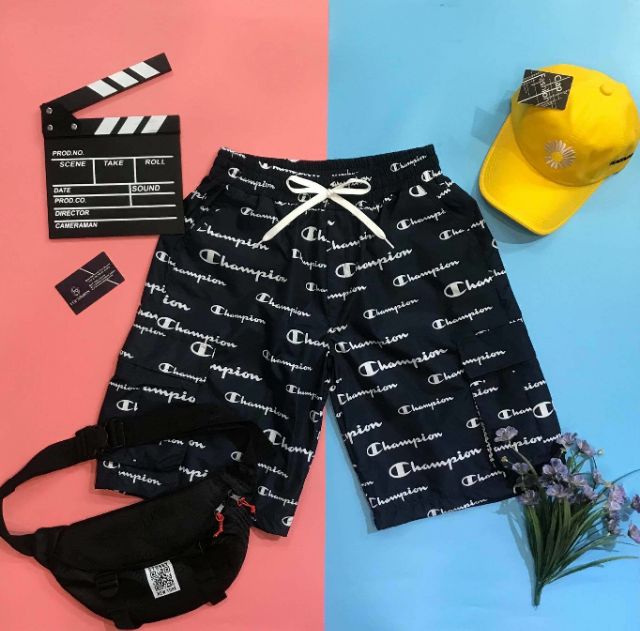 Quần short vải dù túi hộp họa tiết Champion , MADE BY F.O.F