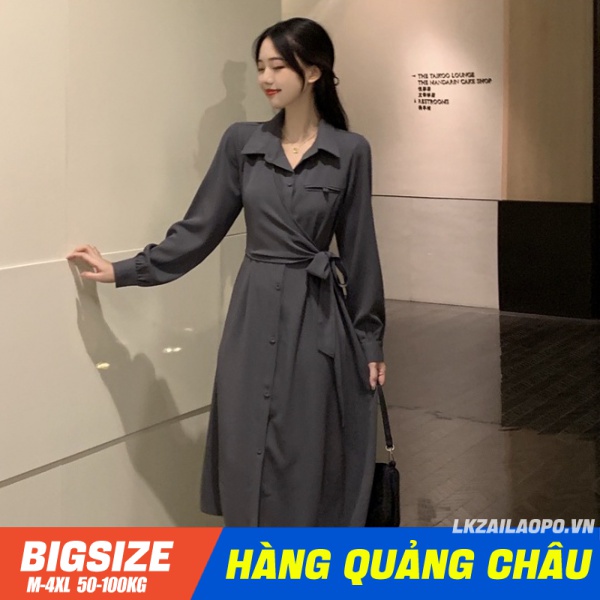 BIGSIZE nữ 45-100kg Váy Đầm Sơ Mi form rộng thắt lưng Che Bụng Mỡ Ôm Eo tay dài mùa thu Phong cách Hàn Quốc Thời Trang cá tính quảng châu cao cấp