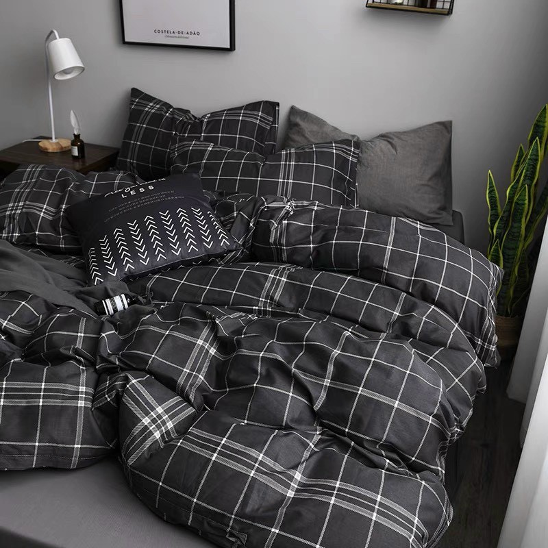 Chăn ga gối cotton poly DươngAnh Decor - Mẫu kẻ đen đôi.