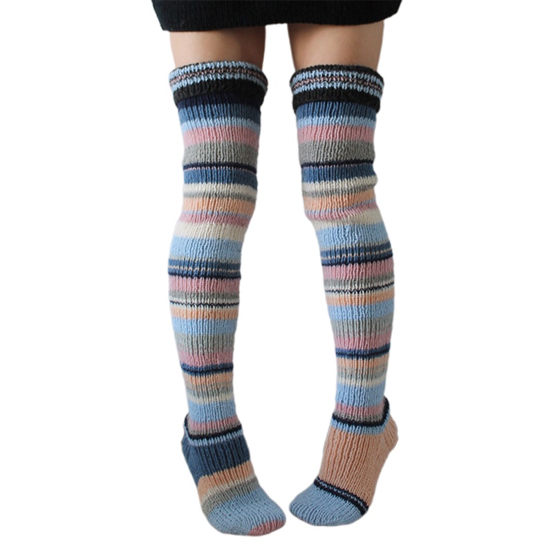 Tất Dệt Kim Dài Qua Gối Giữ Ấm Họa Tiết Kẻ Sọc Nhiều Màu Sắc Cho Nữ
