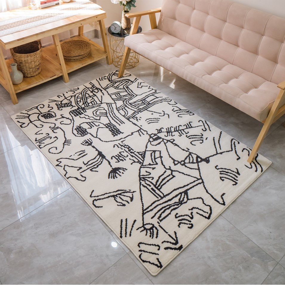 Thảm Lông Sợi Ngắn Alice Họa Tiết Abstract Trắng Đen