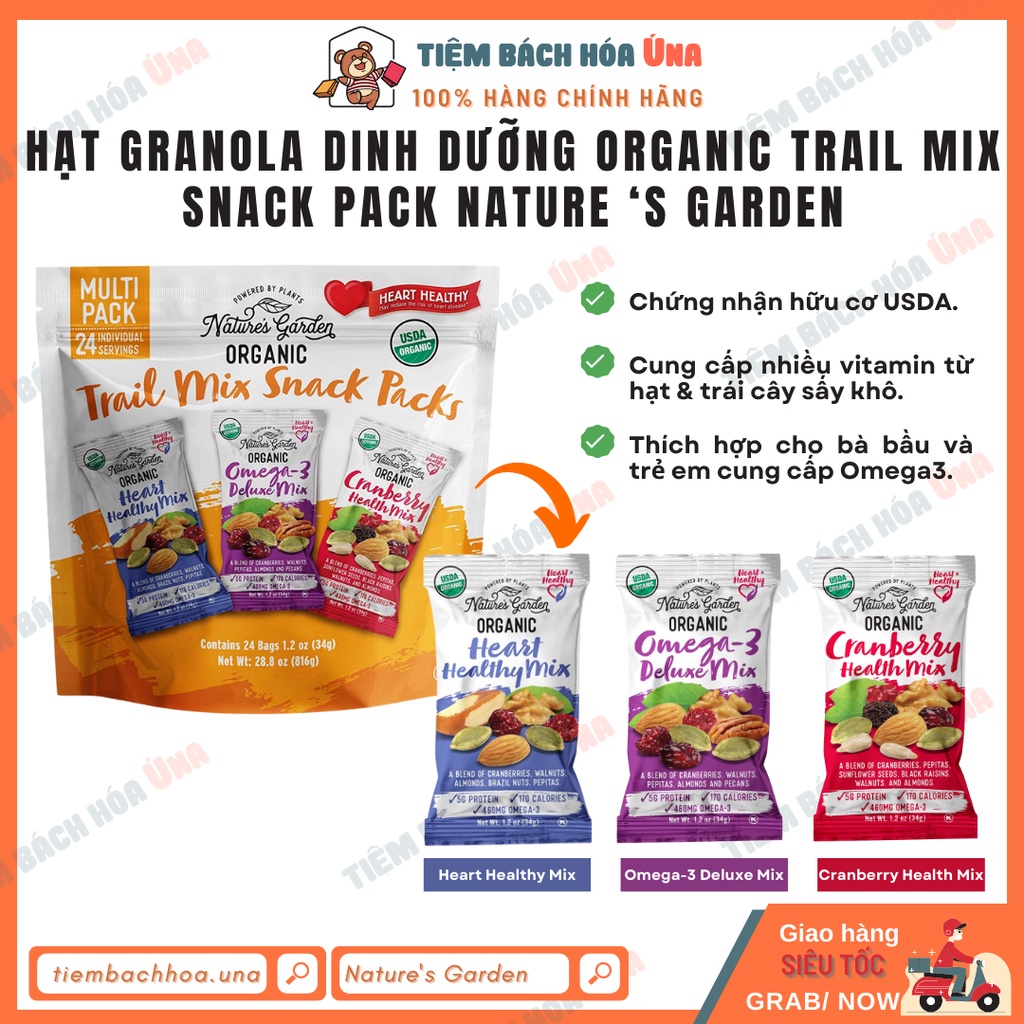 Hạt granola dinh dưỡng và trái cây sấy Organic Trail Mix snack pack Nature ‘s garden nhập Mỹ