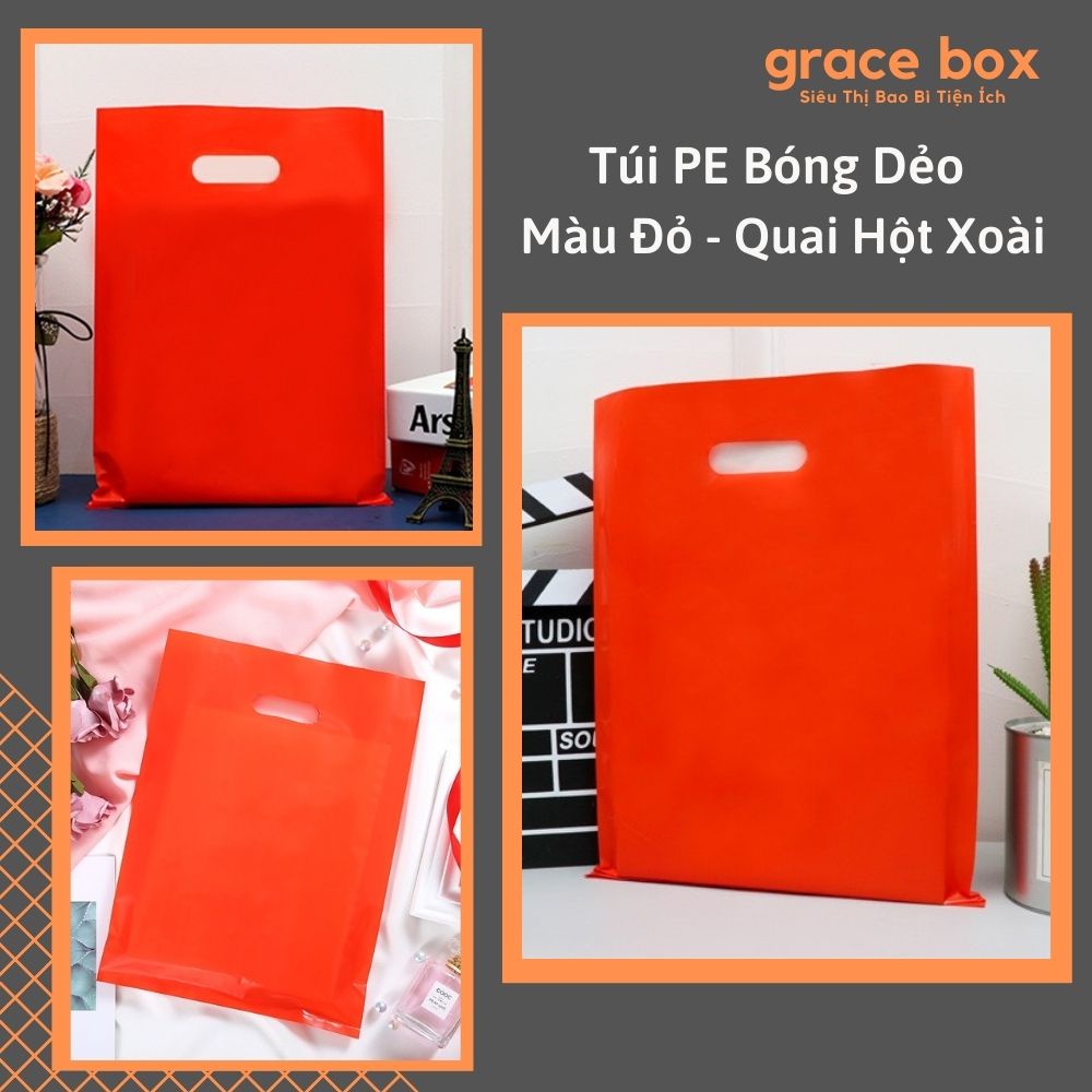 {Giá Sỉ} Túi PE Bóng Dẻo Màu Đỏ Quai Hột Xoài Đựng Phụ Kiện, Quần Áo - Công Ty Bao Bì Grace Box