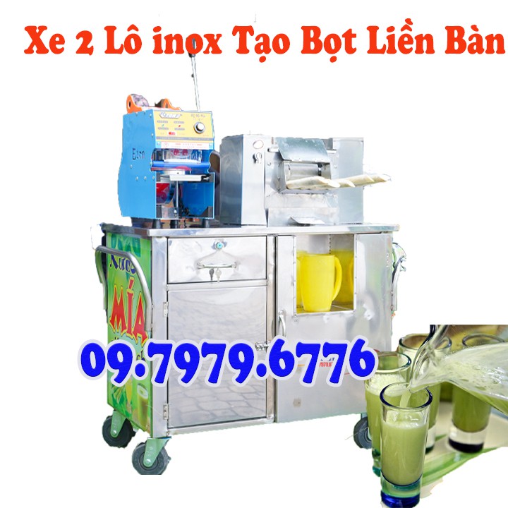 Xe Nước Mía, máy ép nước mía 2 Lô inox Tạo Bọt Liền Bàn Kết Hợp Truyền Thống Hiện Đại Bản Không Tủ Kính